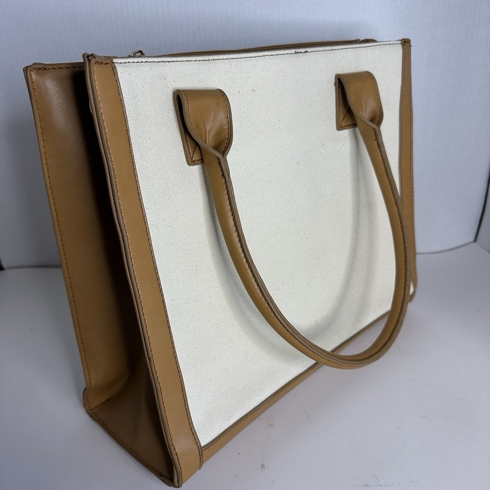 Large‎ Canvas Tote Faux Leather Trim Beige Bag Camel Trim